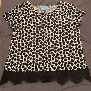 Black and white print blouse with lace bottom